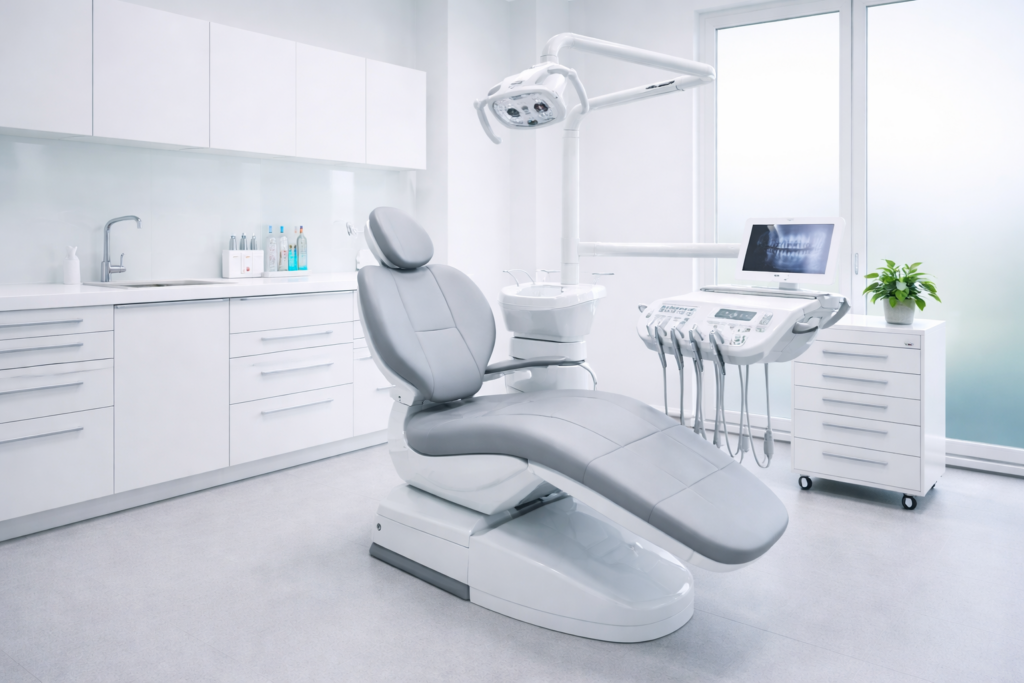 Moderne, helle Zahnarztpraxis als Beispiel für hygienische Trockendampfreinigung in sensiblen Gewerbebereichen